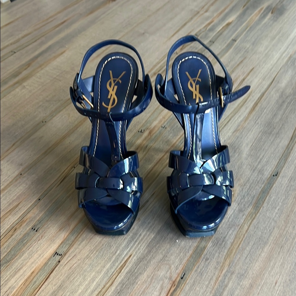 Yves Saint Laurent Blue Stiletto Heels with Strappy Design